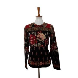 Express Tricot Womens Vintage Floral Wool Blend Sweater Black Red Large